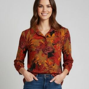 Gold Metallic Blouse Women's Size 0 Floral Lightweight Hues Of Red Orange Purple